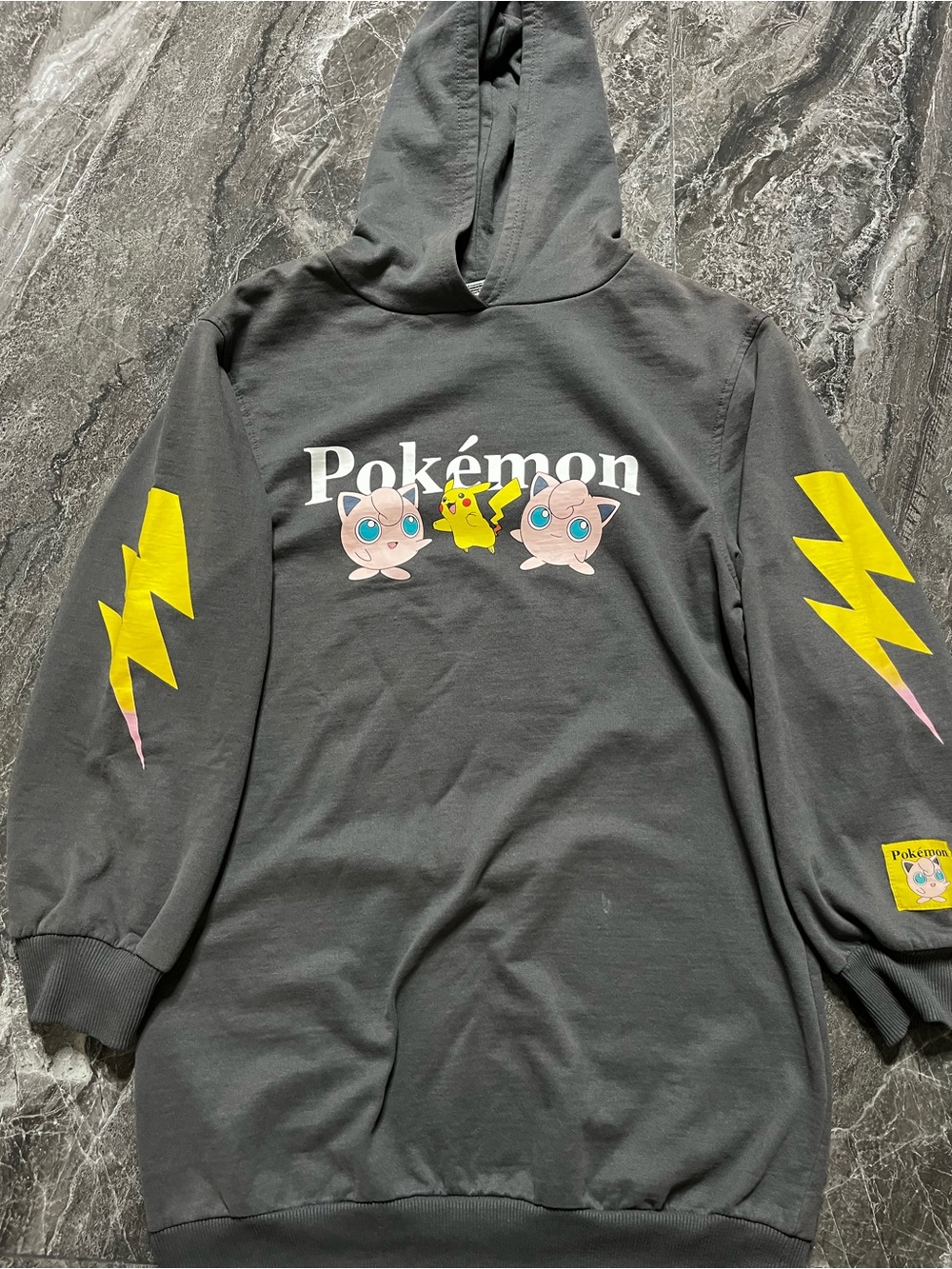 Pokemon Pikachu & Jigglypuff Graphic Fleece Hoodie Grey Small Lightning Sleeves